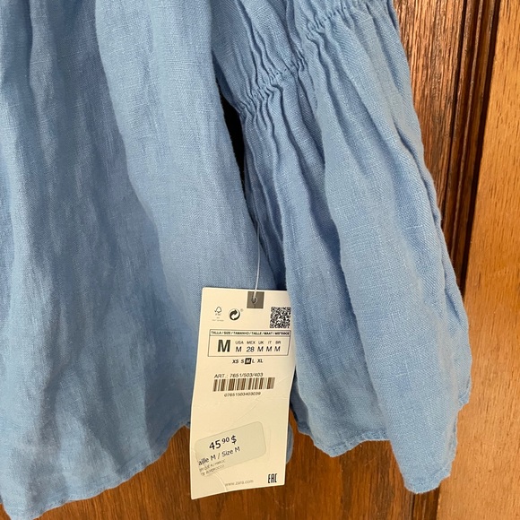 ZARA Blue 100% Linen Off the Shoulder Blouse - Picture 2 of 3